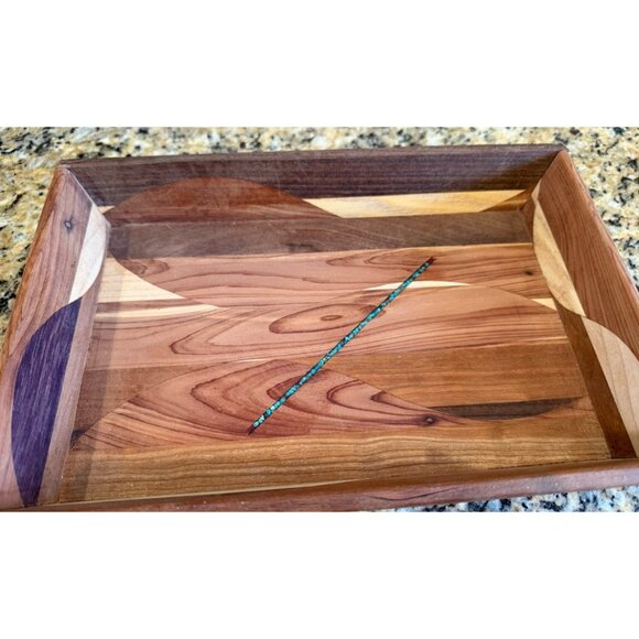 Cedar Valet Tray Handmade Dresser Box Organizer  Storage Tray Inlaid Turquoise - Picture 6 of 6